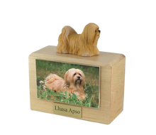 Wooden Pet Urn with Standing Blond Lhasa Apso Figurine & 4x6 Inches Photo Holder