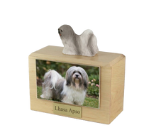 Wooden Pet Urn with Standing Gray Lhasa Apso Figurine & 4x6 Inches Photo Holder