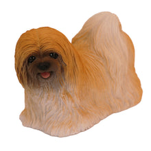 Wooden Pet Urn with Standing Red Lhasa Apso Figurine & 4x6 Inches Photo Holder