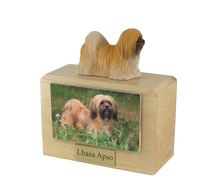 Wooden Pet Urn with Standing Red Lhasa Apso Figurine & 4x6 Inches Photo Holder