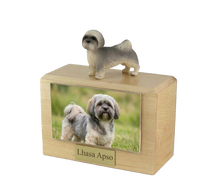 Wooden Pet Urn with Standing Gray Puppycut Lhasa Apso Figurine & 4x6 Inches Photo Holder