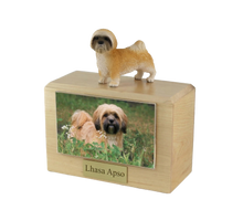 Wooden Pet Urn with Standing Brown Puppycut Lhasa Apso Figurine & 4x6 Inches Photo Holder