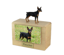 Wooden Pet Urn with Standing Black and Tan Miniature Pinscher Figurine & 4x6 Inches Photo Holder