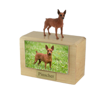 Wooden Pet Urn with Standing Red and Brown Miniature Pinscher Figurine & 4x6 Inches Photo Holder