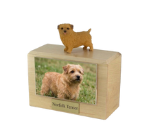 Wooden Pet Urn with Standing Norfolk Terrier Figurine & 4x6 Inches Photo Holder