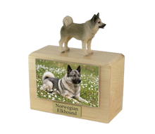 Wooden Pet Urn with Standing Norwegian Elkhound Figurine & 4x6 Inches Photo Holder