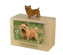 Wooden Pet Urn with Standing Norwich Terrier Ears-Up Figurine & 4x6 Inches Photo Holder