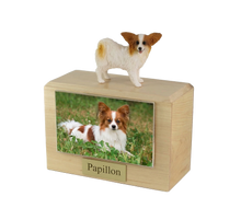 Wooden Pet Urn with Standing Brown and White Papillon Figurine & 4x6 Inches Photo Holder