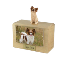 Wooden Pet Urn with Sitting Papillon Figurine & 4x6 Inches Photo Holder