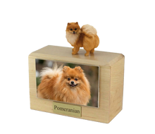 Wooden Pet Urn with Standing Pomeranian Figurine & 4x6 Inches Photo Holder