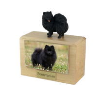 Wooden Pet Urn with Standing Black Pomeranian Figurine & 4x6 Inches Photo Holder