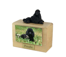 Wooden Pet Urn with Lying Down Show Cut Black Poodle Figurine & 4x6 Inches Photo Holder