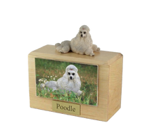 Wooden Pet Urn with Lying Down Show Cut Gray Poodle Figurine & 4x6 Inches Photo Holder