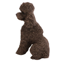 Wooden Pet Urn with Sitting Sport Cut Chocolate Poodle Figurine & 4x6 Inches Photo Holder