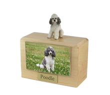 Wooden Pet Urn with Sitting Sport Cut Grey Poodle Figurine & 4x6 Inches Photo Holder