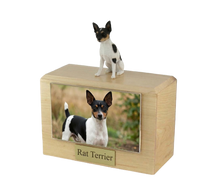 Wooden Pet Urn with Sitting Rat Terrier Figurine & 4x6 Inches Photo Holder
