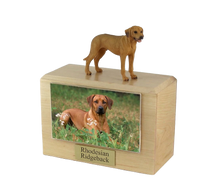 Wooden Pet Urn with Standing Rhodesian Ridgeback Figurine & 4x6 Inches Photo Holder