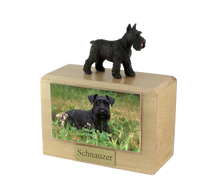 Wooden Pet Urn with Standing Black Schnauzer Ears-Up Figurine & 4x6 Inches Photo Holder