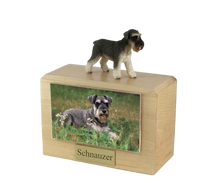 Wooden Pet Urn with Standing Gray Schnauzer Ears-Down Figurine & 4x6 Inches Photo Holder