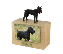 Wooden Pet Urn with Standing Black Giant Schnauzer Figurine & 4x6 Inches Photo Holder
