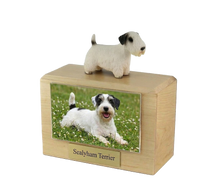 Wooden Pet Urn with Standing Sealyham Terrier Figurine & 4x6 Inches Photo Holder
