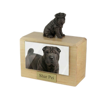 Wooden Pet Urn with Sitting Black Shar Pei Figurine & 4x6 Inches Photo Holder