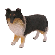 Wooden Pet Urn with Standing Tri-Color Sheltie Figurine & 4x6 Inches Photo Holder