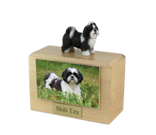 Wooden Pet Urn with Standing Black and White Shih Tzu Figurine & 4x6 Inches Photo Holder