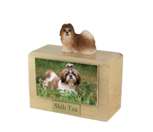 Wooden Pet Urn with Standing Red and White Shih Tzu  Figurine & 4x6 Inches Photo Holder