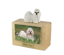Wooden Pet Urn with Standing White Shih Tzu Figurine & 4x6 Inches Photo Holder