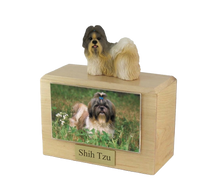 Wooden Pet Urn with Standing White and Gray Shih Tzu Figurine & 4x6 Inches Photo Holder
