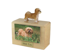Wooden Pet Urn with Standing Puppycut Tan Shih Tzu Figurine & 4x6 Inches Photo Holder