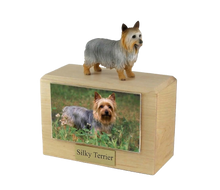 Wooden Pet Urn with Standing Silky Terrier Figurine & 4x6 Inches Photo Holder