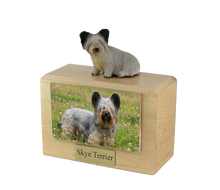 Wooden Pet Urn with Sitting Skye Terrier Figurine & 4x6 Inches Photo Holder