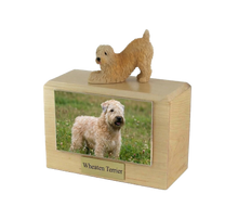 Wooden Pet Urn with Soft Coated Wheaten Terrier Figurine & 4x6 Inches Photo Holder