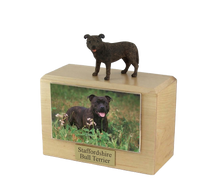Wooden Pet Urn with Standing Staffordshire Bull Terrier Figurine & 4x6 Inches Photo Holder