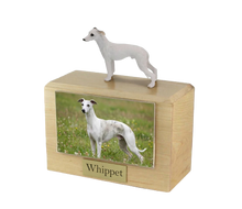 Wooden Pet Urn with Standing White Whippet Figurine & 4x6 Inches Photo Holder
