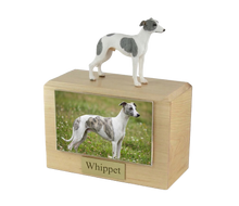 Wooden Pet Urn with Standing White Whippet with Gray Spots Figurine & 4x6 Inches Photo Holder