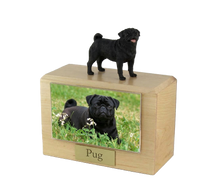 Wooden Pet Urn with Standing Black Pug Figurine & 4x6 Inches Photo Holder