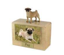 Wooden Pet Urn with Standing Brown Pug Figurine & 4x6 Inches Photo Holder