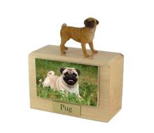 Wooden Pet Urn with Standing Fawn Pug Figurine & 4x6 Inches Photo Holder
