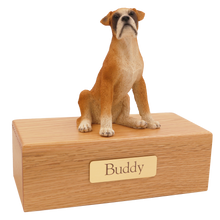 Simply Series Boxer with Ears Down, Sitting Figurine Pet Cremation Urn - Oak