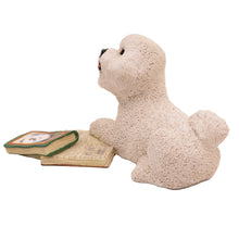 White Bichon Frise, with Books Lying Down Figurine Pet Cremation Urn