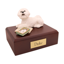 White Bichon Frise, with Books Lying Down Figurine Pet Cremation Urn