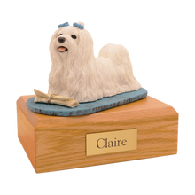 White Maltese with Blue Bows, Standing Figurine Pet Cremation Urn