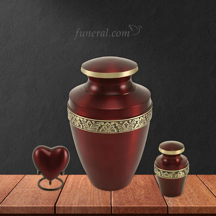 Grecian Cardinal Red Brass Urn Set with Background