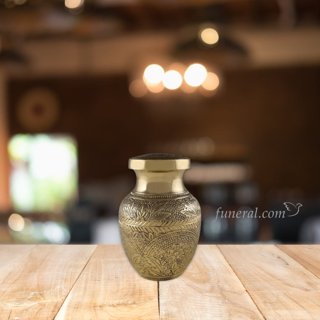 Handcrafted Medium Golden Flowers Brass Urn