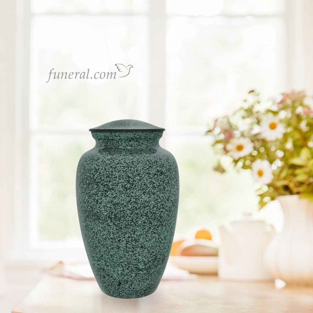 Midnight Solace Adult Sea Green Brass Urn with Background