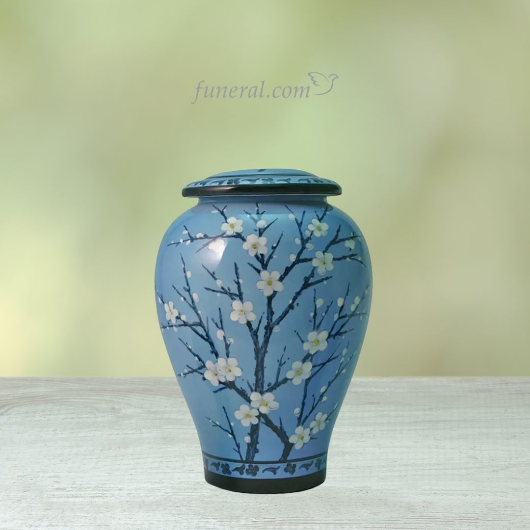 Plum Blossom Adult Blue Ceramic Urn with Background