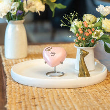 Pearl Pink Heart Keepsake Pet Urn with Classic Paw Print - Lifestyle